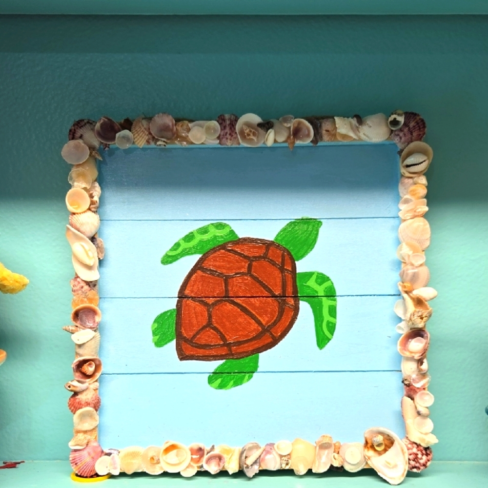 Hand Crafted Sea Turtle Shell Art with Seashell Frame